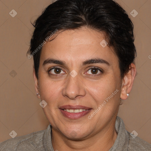 Joyful white adult female with short  brown hair and brown eyes