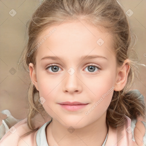 Joyful white child female with medium  brown hair and grey eyes