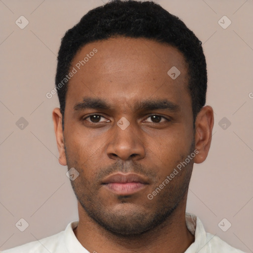 Neutral black young-adult male with short  black hair and brown eyes