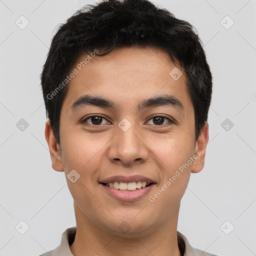 Joyful latino young-adult male with short  black hair and brown eyes