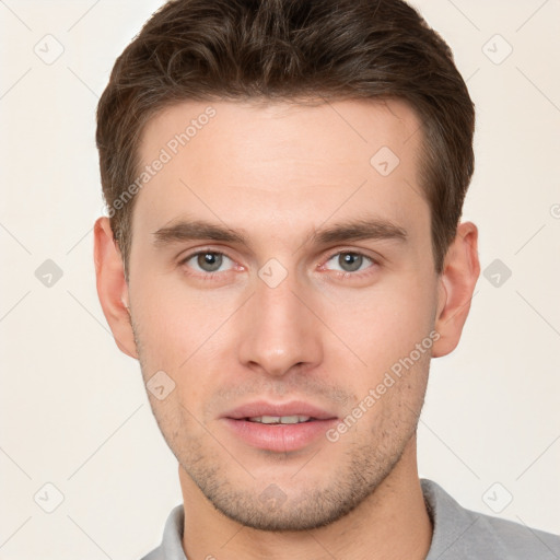 Neutral white young-adult male with short  brown hair and brown eyes