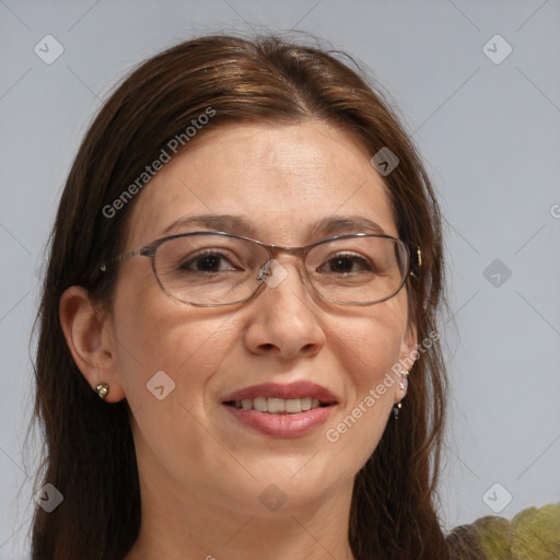 Joyful white adult female with medium  brown hair and blue eyes