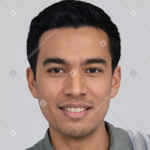 Joyful latino young-adult male with short  black hair and brown eyes