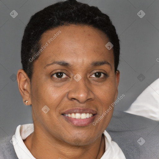 Joyful black adult female with short  brown hair and brown eyes