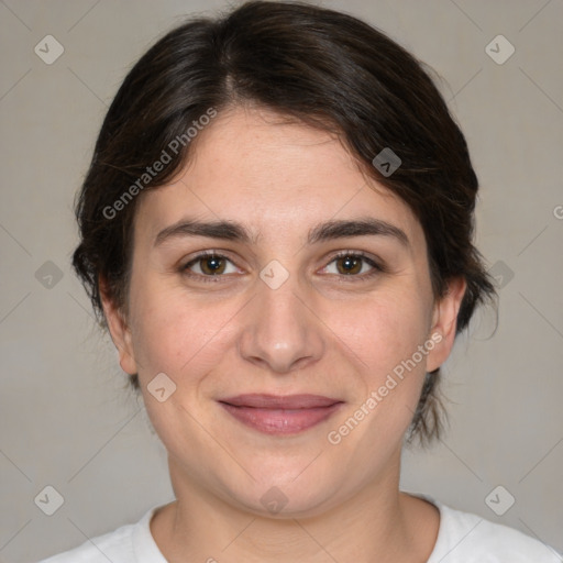 Joyful white young-adult female with medium  brown hair and brown eyes