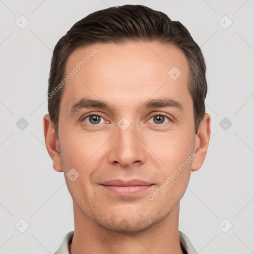 Joyful white young-adult male with short  brown hair and brown eyes