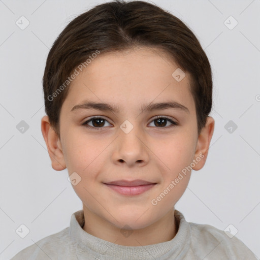 Joyful white child female with short  brown hair and brown eyes