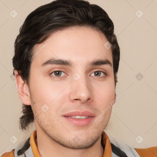 Neutral white young-adult male with short  brown hair and brown eyes