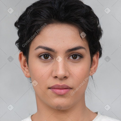 Neutral white young-adult female with short  brown hair and brown eyes