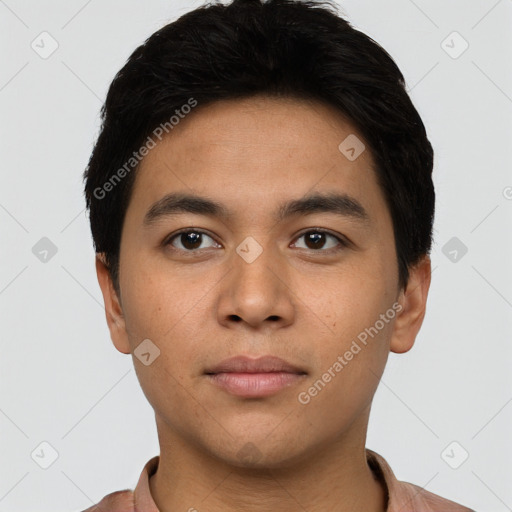 Neutral asian young-adult male with short  black hair and brown eyes