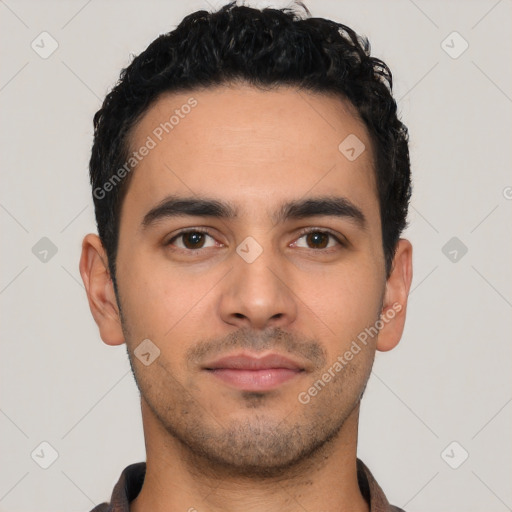 Neutral latino young-adult male with short  black hair and brown eyes