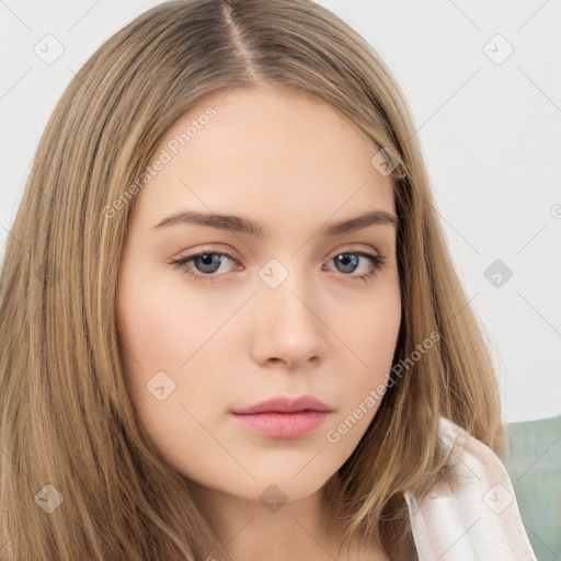 Neutral white young-adult female with long  brown hair and brown eyes