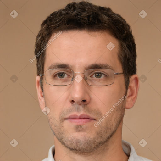 Neutral white adult male with short  brown hair and brown eyes