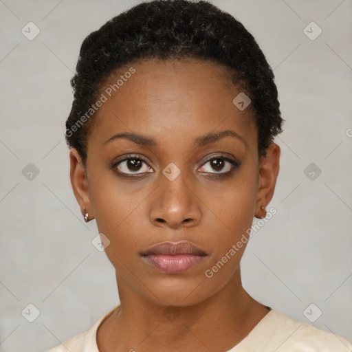 Neutral black young-adult female with short  black hair and brown eyes