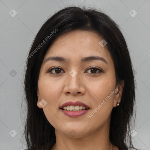 Joyful white adult female with long  brown hair and brown eyes