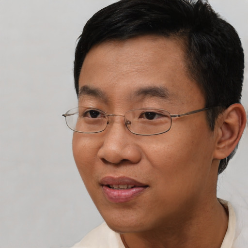 Joyful asian adult male with short  brown hair and brown eyes
