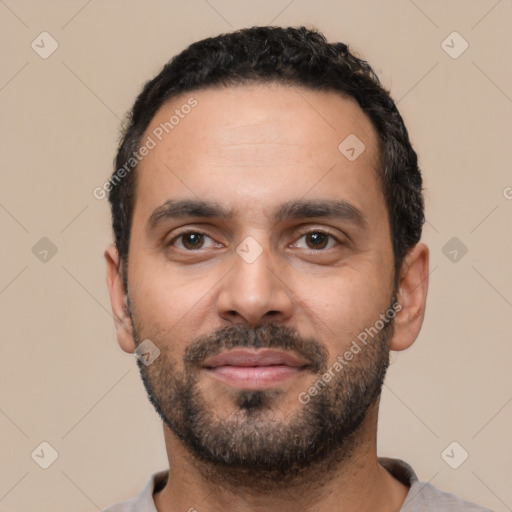 Neutral latino young-adult male with short  black hair and brown eyes