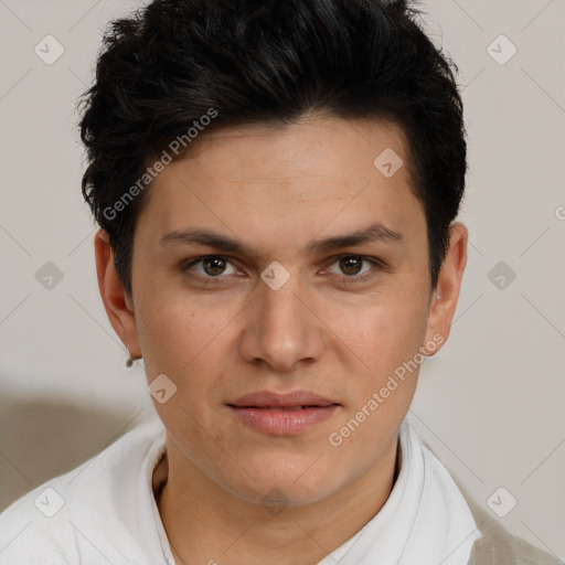 Joyful white young-adult female with short  brown hair and brown eyes