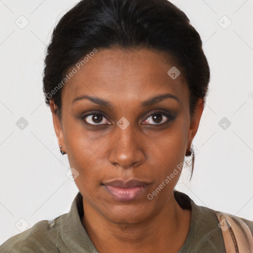 Neutral black young-adult female with short  brown hair and brown eyes