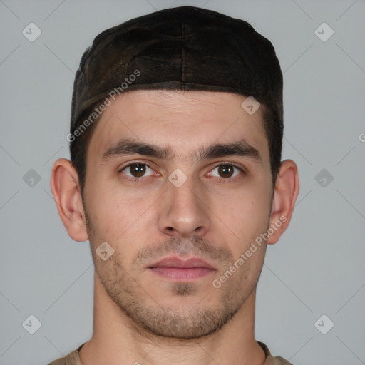 Neutral white young-adult male with short  brown hair and brown eyes