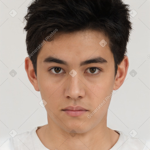 Neutral white young-adult male with short  brown hair and brown eyes