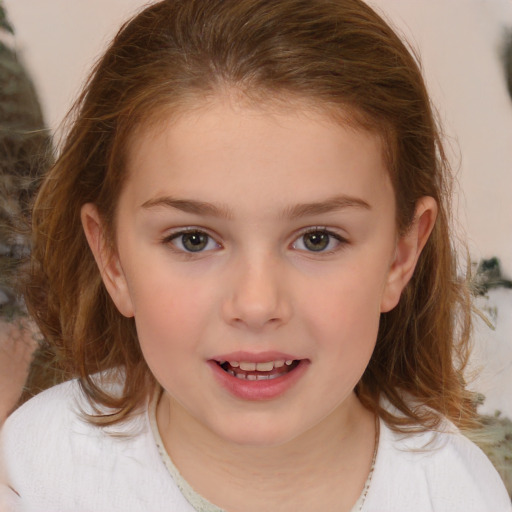 Joyful white child female with medium  brown hair and brown eyes