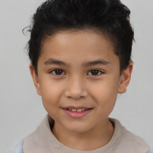 Joyful asian child male with short  brown hair and brown eyes