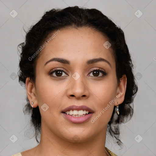 Joyful latino young-adult female with medium  brown hair and brown eyes