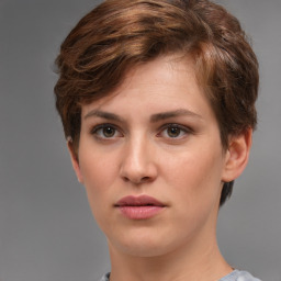 Neutral white young-adult female with short  brown hair and brown eyes