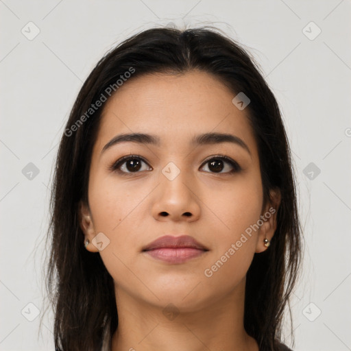 Neutral asian young-adult female with long  brown hair and brown eyes