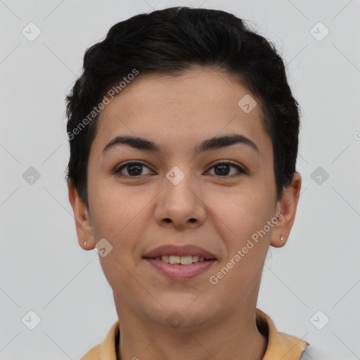 Joyful asian young-adult female with short  brown hair and brown eyes