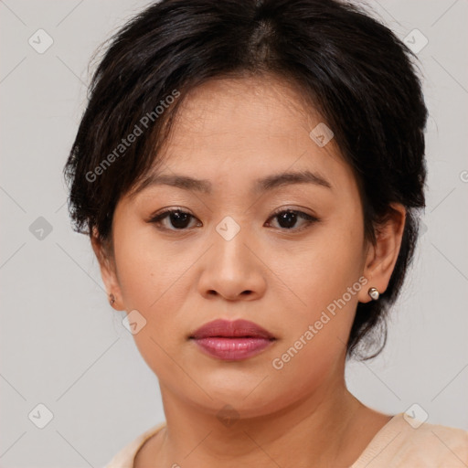 Neutral asian young-adult female with medium  brown hair and brown eyes