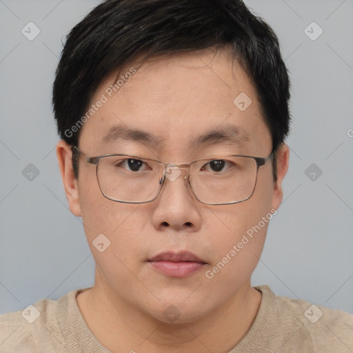 Neutral asian young-adult male with short  brown hair and brown eyes