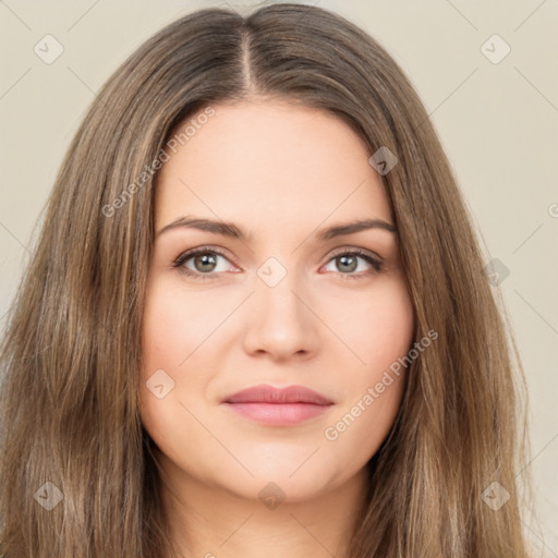 Neutral white young-adult female with long  brown hair and brown eyes