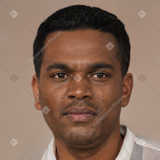 Neutral black young-adult male with short  black hair and brown eyes
