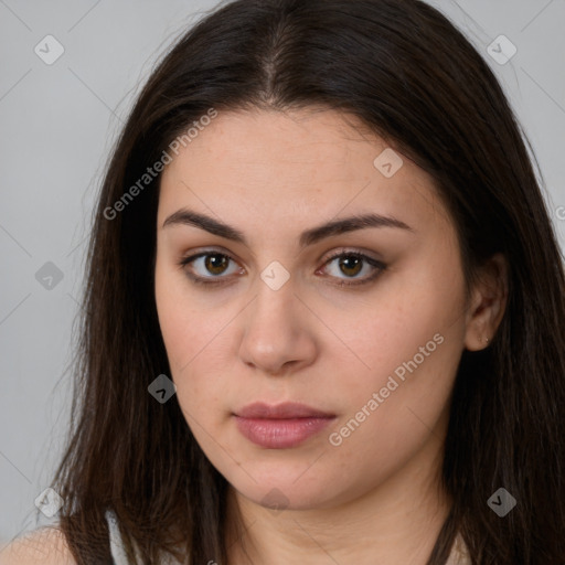 Neutral white young-adult female with long  brown hair and brown eyes