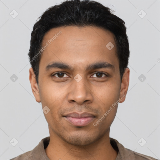 Neutral latino young-adult male with short  black hair and brown eyes