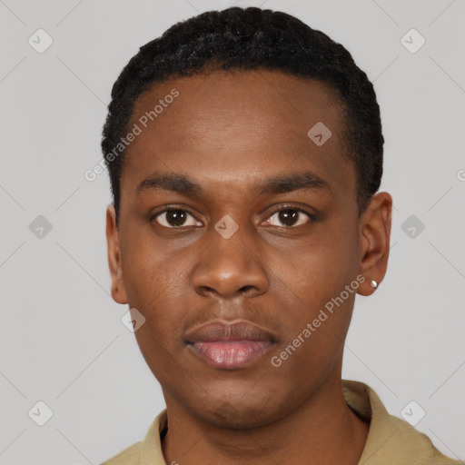 Neutral black young-adult male with short  black hair and brown eyes