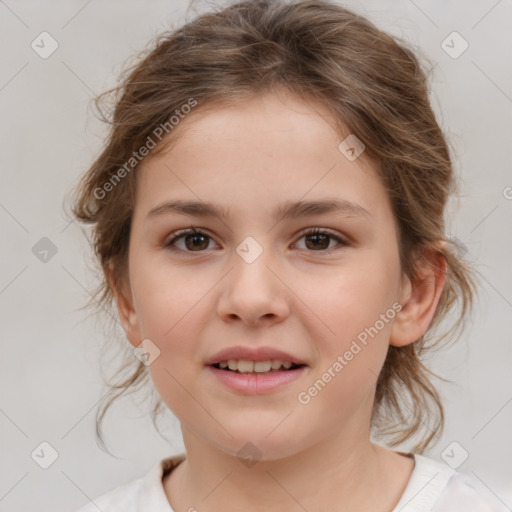 Joyful white child female with medium  brown hair and brown eyes