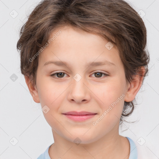 Joyful white child female with short  brown hair and brown eyes