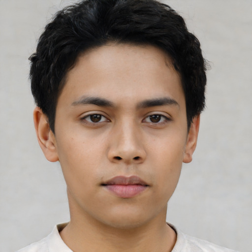 Neutral asian young-adult male with short  black hair and brown eyes