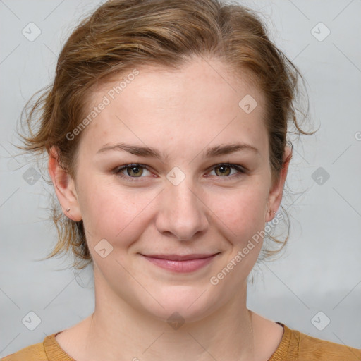 Joyful white young-adult female with medium  brown hair and blue eyes