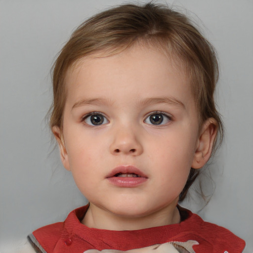 Neutral white child female with medium  brown hair and blue eyes