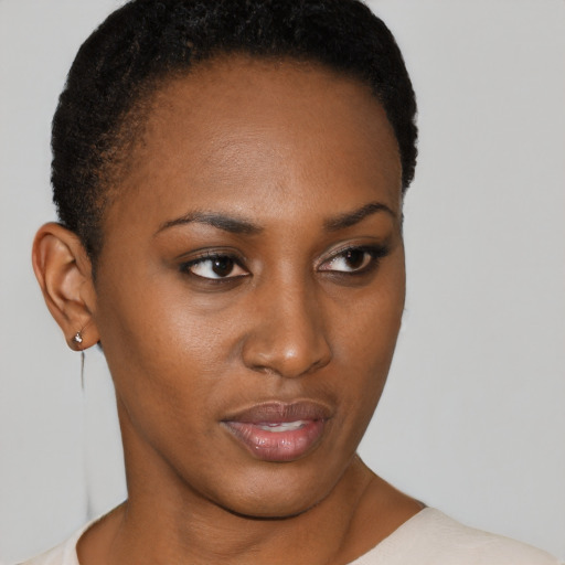 Neutral black young-adult female with short  brown hair and brown eyes