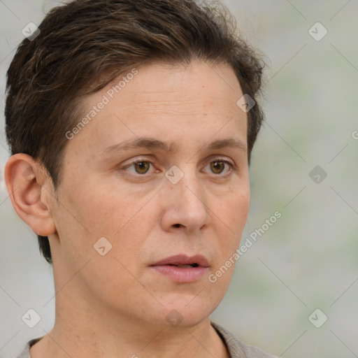 Neutral white adult female with short  brown hair and brown eyes