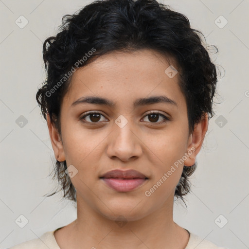 Joyful latino young-adult female with short  brown hair and brown eyes