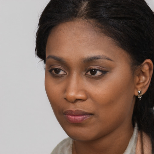 Neutral asian young-adult female with long  brown hair and brown eyes