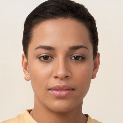 Neutral white young-adult female with short  brown hair and brown eyes