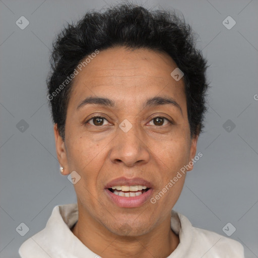 Joyful white adult female with short  brown hair and brown eyes