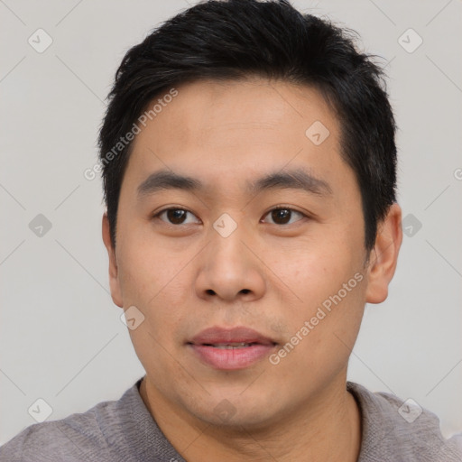 Neutral asian young-adult male with short  black hair and brown eyes